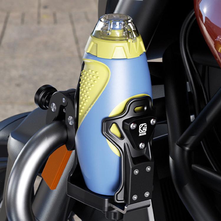 Bike bottle cage holder with adjustable clamp gripping a blue bottle