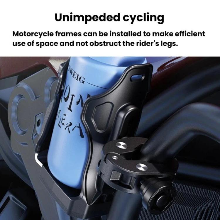 Bottle cage mounted on motorcycle frame with black quick-release bracket