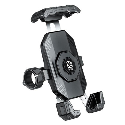 Universal motorcycle phone mount with quick-release clip, for handlebars or mirrors