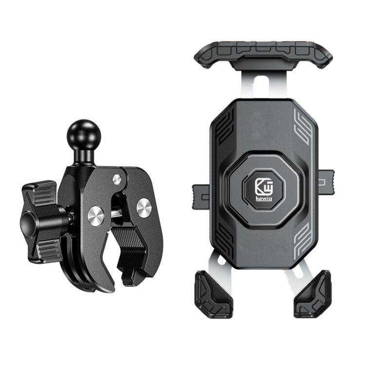 Universal motorcycle phone holder with metal clamp base and side locking arms