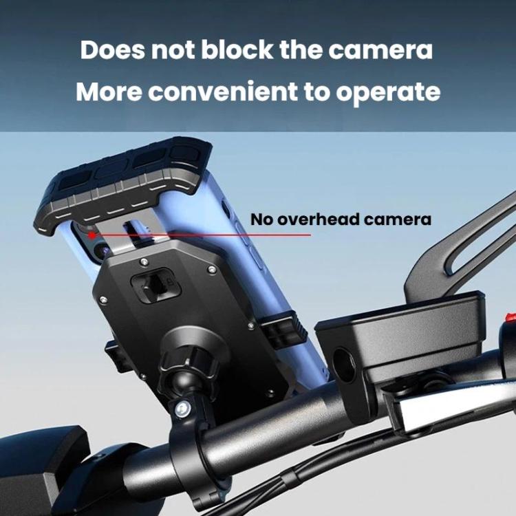 Motorcycle phone mount with compact frame design that leaves camera unobstructed