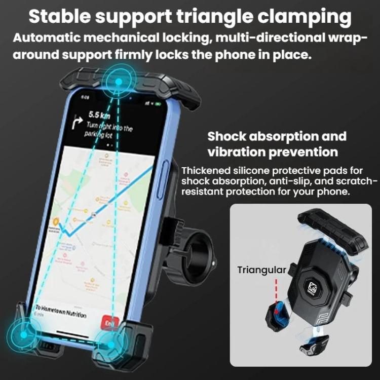 Triangular clamping phone holder with shock-absorbing protective pads