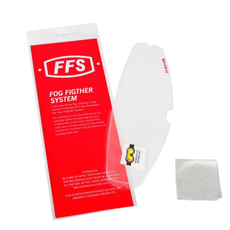 Anti-fog motorcycle visor sticker film set with instruction sleeve and small cleaning cloth
