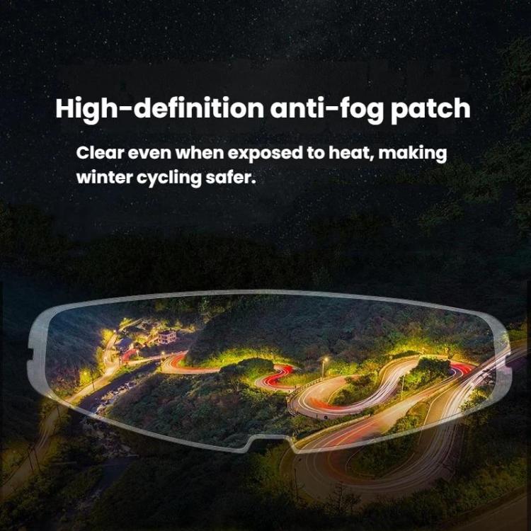 Clear anti-fog motorcycle visor patch applied to the lens surface