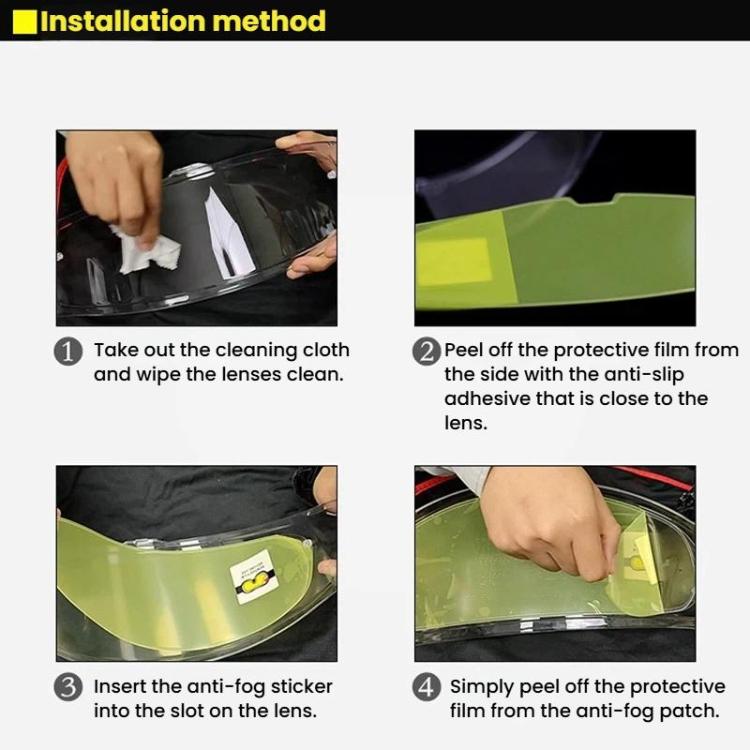Anti-fog visor sticker installation showing peeling film and inserting patch