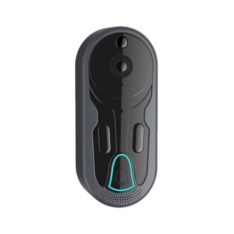 WiFi video doorbell intercom, dark gray with dual camera lenses and blue-lit ring