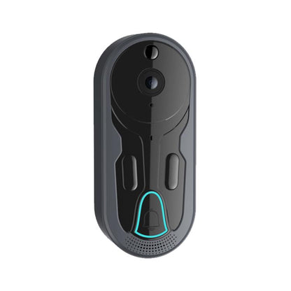 WiFi video doorbell intercom, dark gray with dual camera lenses and blue-lit ring