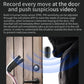 Black smart video doorbell with camera lens mounted on a door near a person