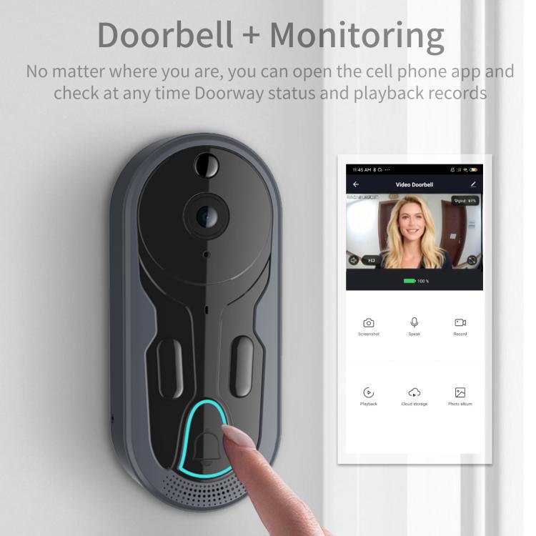 WiFi video doorbell intercom mounted with app screen for live monitoring and playback