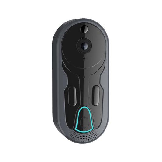 WiFi video doorbell intercom, dark gray with dual camera lenses and blue-lit ring