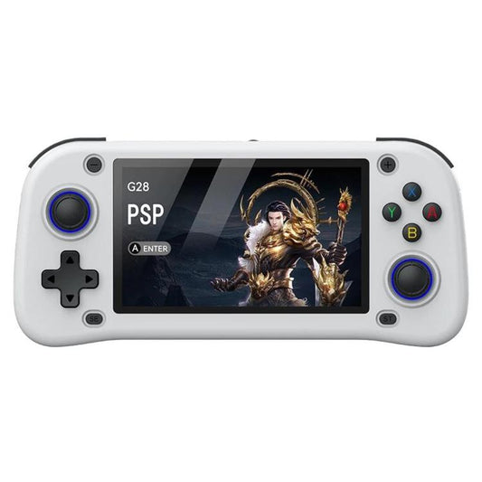 White handheld game console with 4.3-inch screen, thumbsticks, D-pad, and face buttons