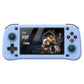 Blue handheld game console with 4.3-inch screen, thumbsticks, D-pad, and face buttons