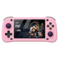 Pink handheld game console with 4.3-inch screen, thumbsticks, D-pad, and face buttons