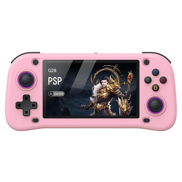 Pink handheld game console with 4.3-inch screen, thumbsticks, D-pad, and face buttons