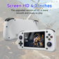 White handheld game console with 4.3-inch screen and built-in controls, shown at an angle
