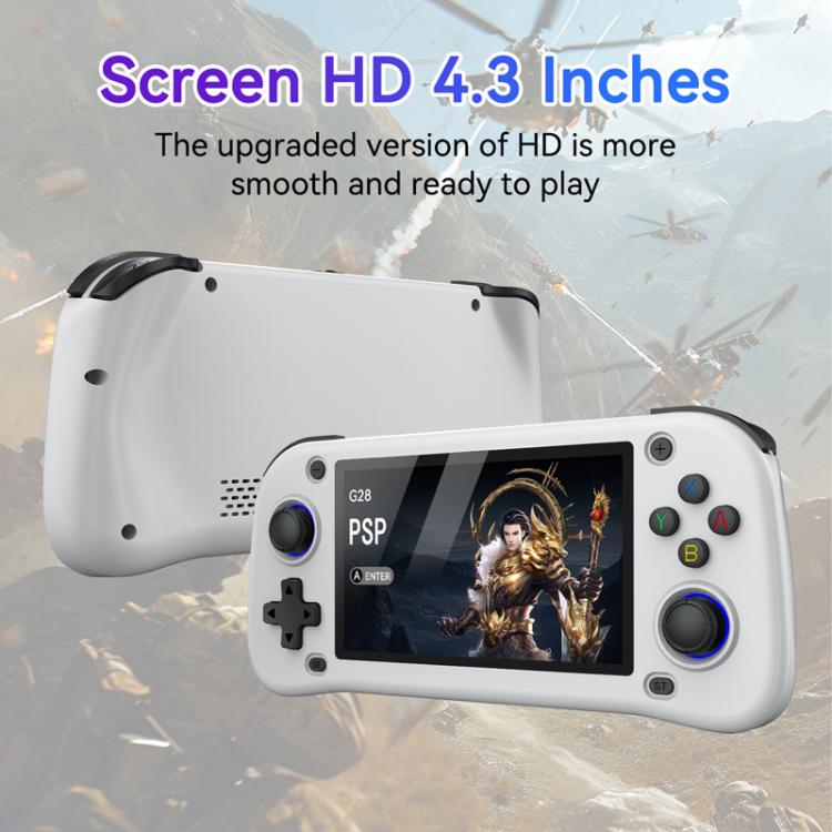White handheld game console with 4.3-inch screen and built-in controls, shown at an angle