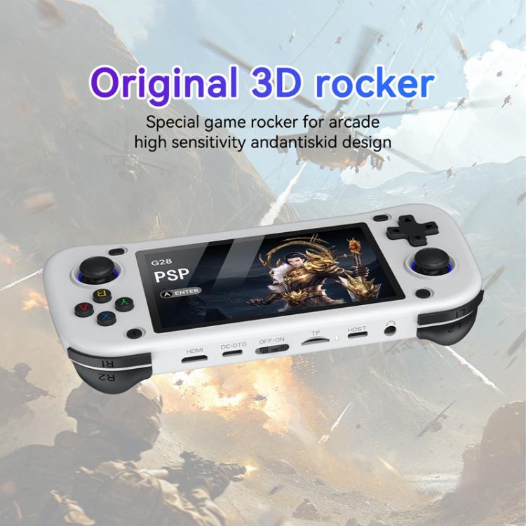 White handheld game console with top controls and 4.3-inch screen