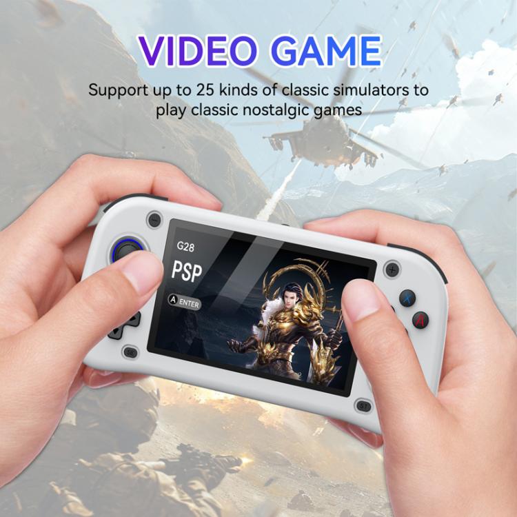 White handheld game console held in hands, showing 4.3-inch screen and button layout