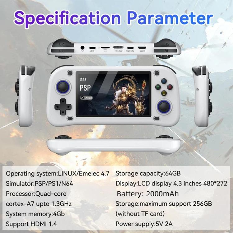 White handheld game console with 4.3-inch screen and top ports, side grips visible