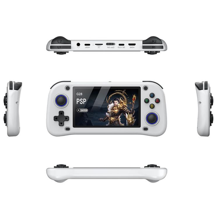White handheld game console with 4.3-inch screen and side grips, front and top views