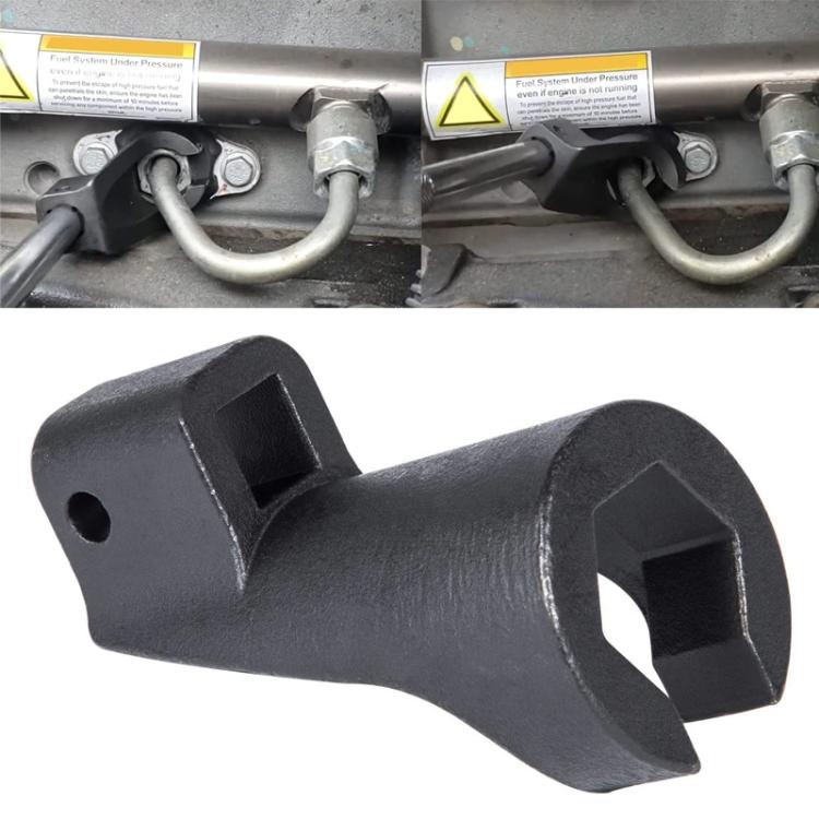 Fuel line sleeve with fork opening, black metal body and mounting hole