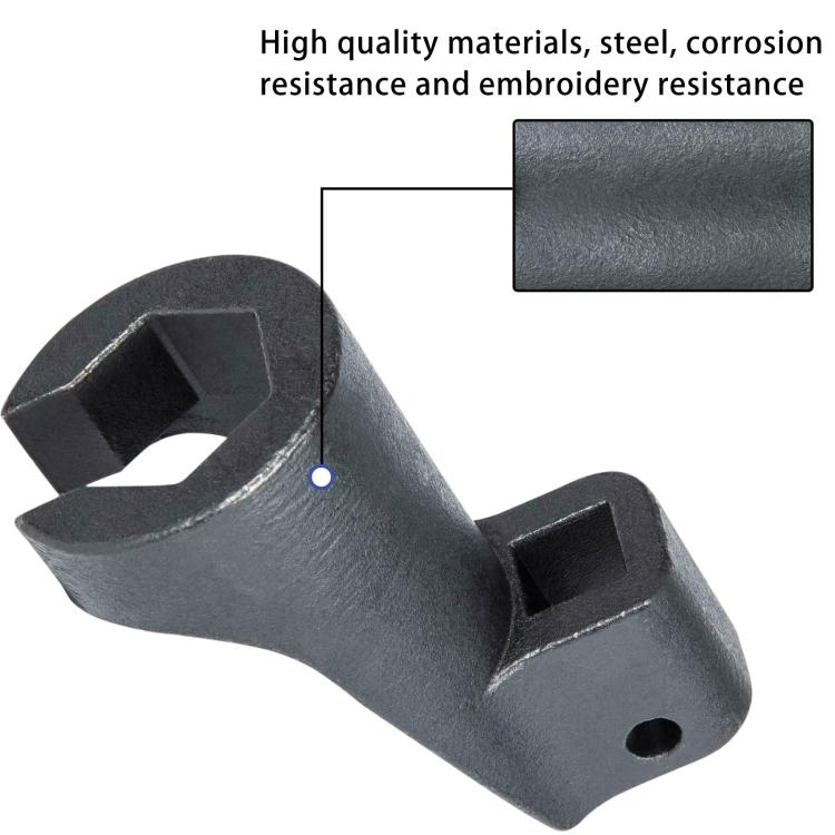 Fuel line sleeve with side mounting hole and V-shaped fork prongs, dark metal