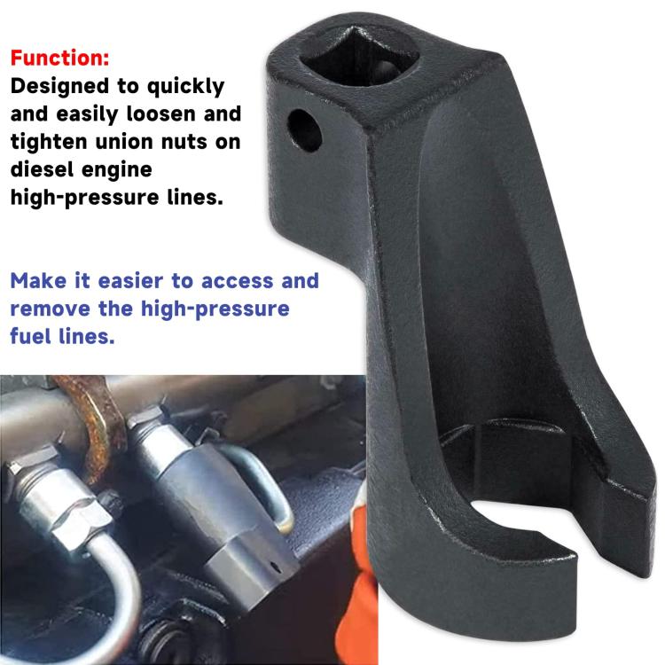 Fuel line sleeve tool, black metal fork prongs with central opening and hole