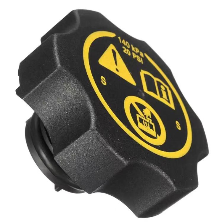 Black radiator cap with yellow warning symbols and pressure markings