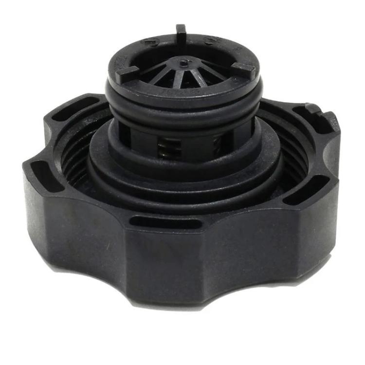Black radiator cap bottom view with threaded neck and sealing rim