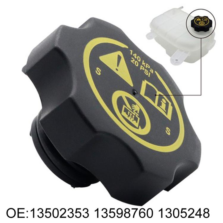 Black radiator cap with yellow warning label, angled view