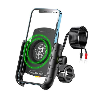 Black motorcycle wireless charging phone mount with green LED charging ring and clamp