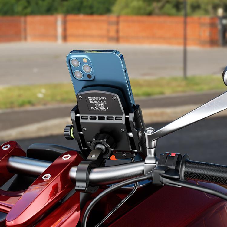 Motorcycle phone charging mount with phone bracket, handlebar clamp, and connected cable