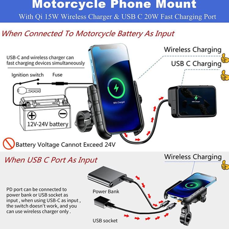 Motorcycle wireless charging phone mount with USB-C fast charging port connection diagram