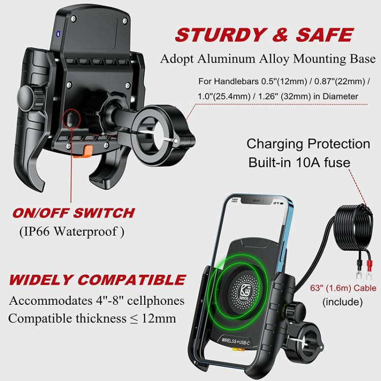 Black wireless phone mount with handlebar clamp, wide compatibility, and charging switch