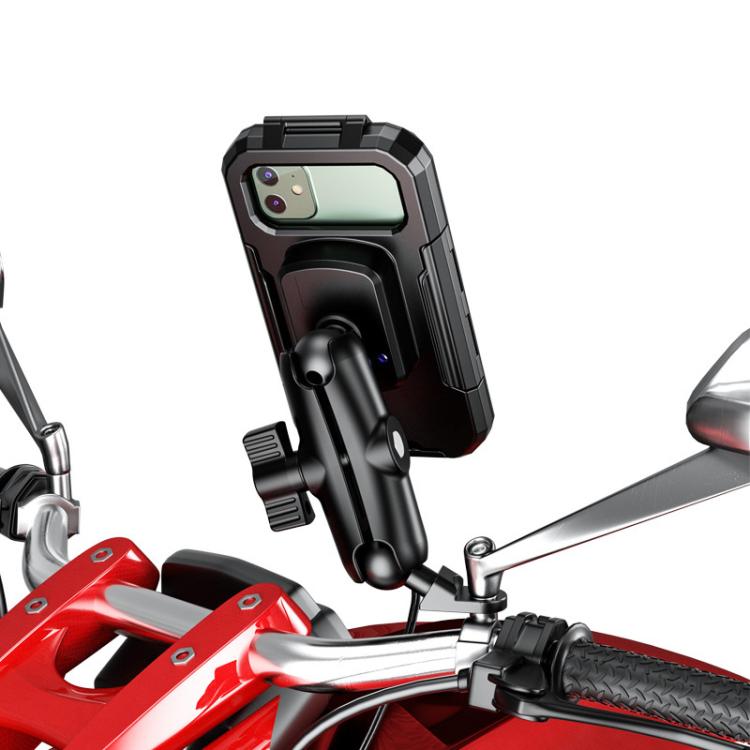 Waterproof phone case holder mounted on handlebar with adjustable clamp and swivel arm