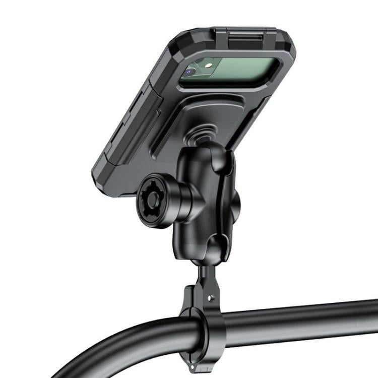Black waterproof phone case mount with protective shell and ball-joint handlebar mount