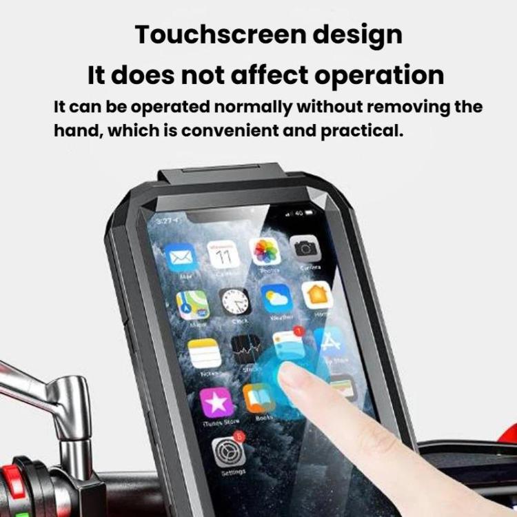 Black waterproof phone case mount with clear touchscreen window and springy front shell