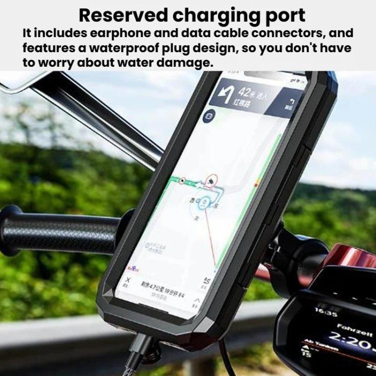 Black waterproof phone case holder with external charging port area and cable connection