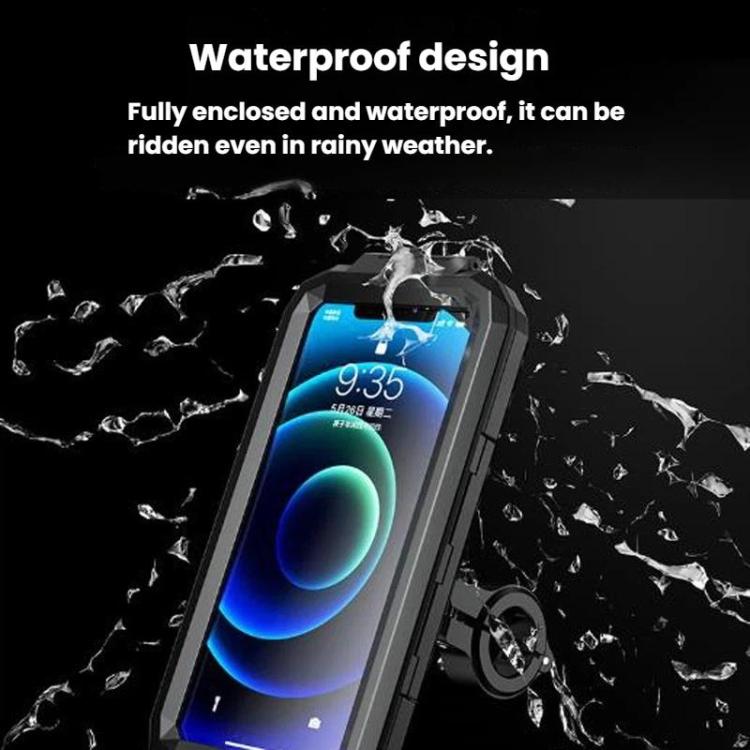 Black waterproof phone case mount shown with water splash protection around the window