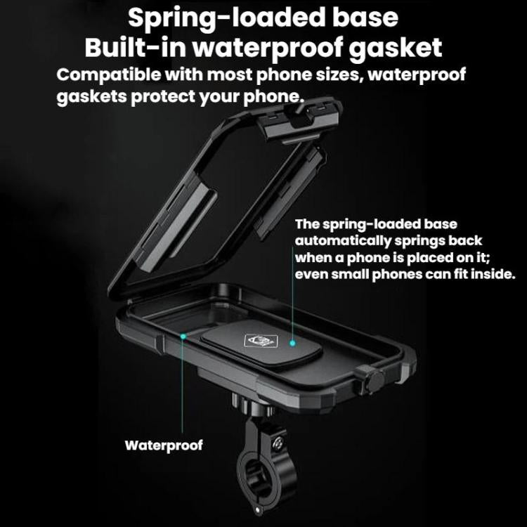 Black waterproof phone case mount base with spring-loaded tray and built-in gasket seal