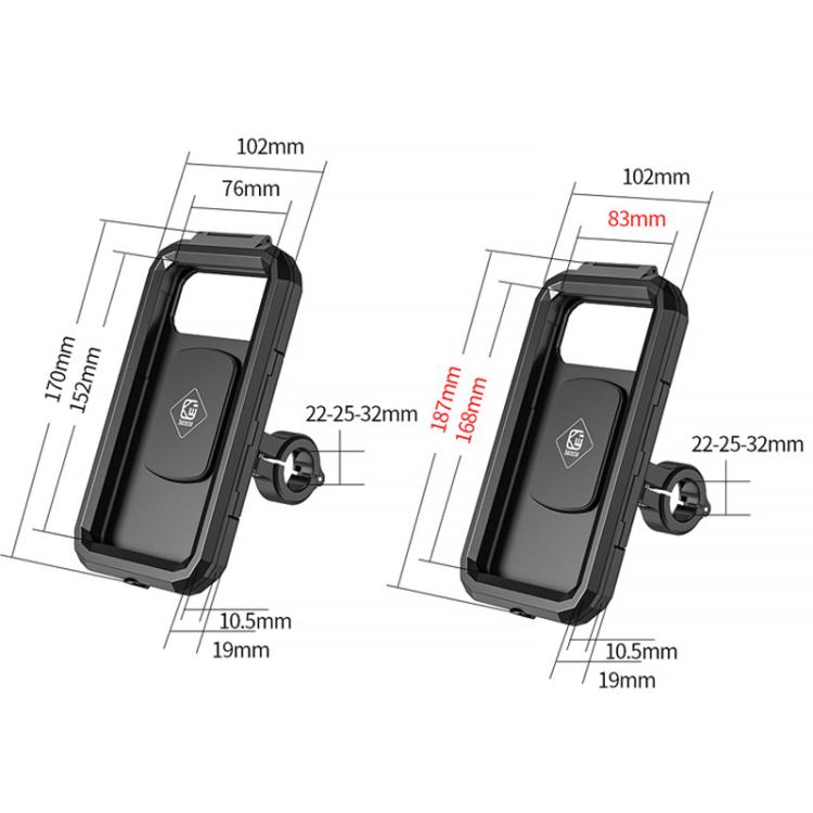 Black waterproof phone case mount with clamp, screen cutout, shown with dimensions
