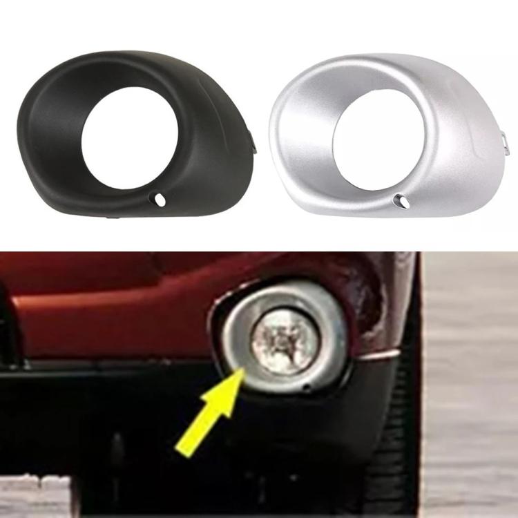 Black and silver fog light bezels with mounting holes for left and right sides