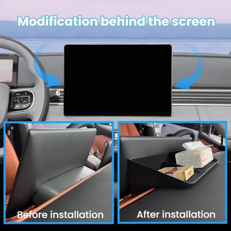 Installed central console storage tray box behind screen, black compartments