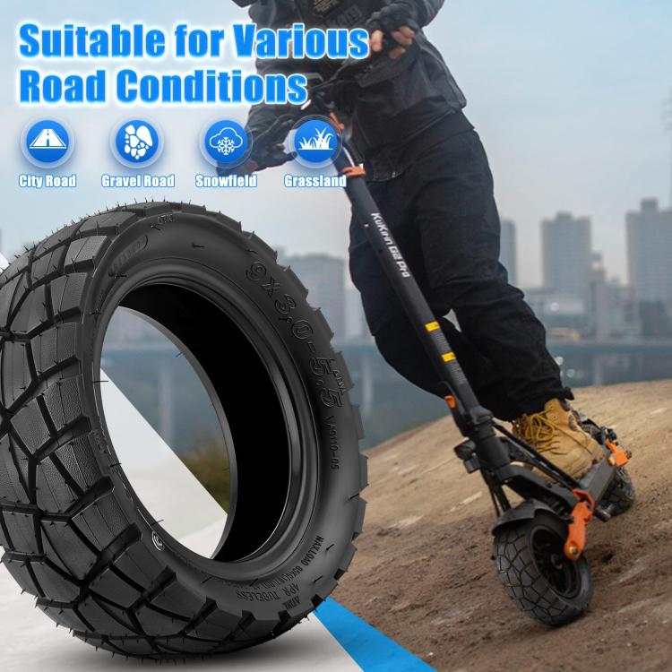 Black off-road scooter tire mounted on scooter, rugged tread for rough surfaces