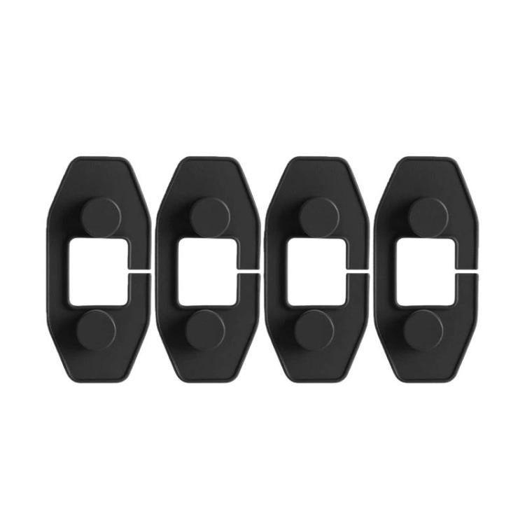 Set of four black silicone door limiter covers with curved body and square window cutout.