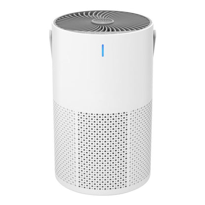 White cylindrical air purifier with top fan grille and perforated side vents