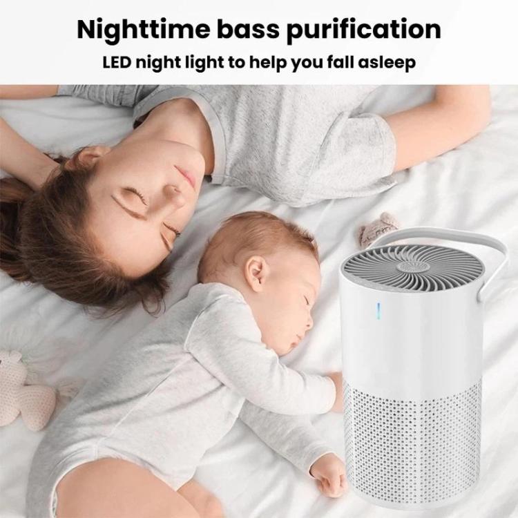 White air purifier with perforated lower body and circular top fan grille