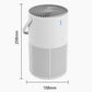 Compact white air purifier with curved handle, blue indicator, and top fan grille