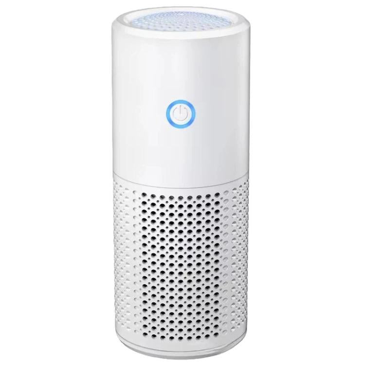 Portable car air purifier in white with perforated air intake and blue power button
