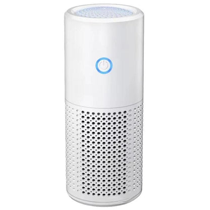 Portable car air purifier in white with perforated air intake and blue power button